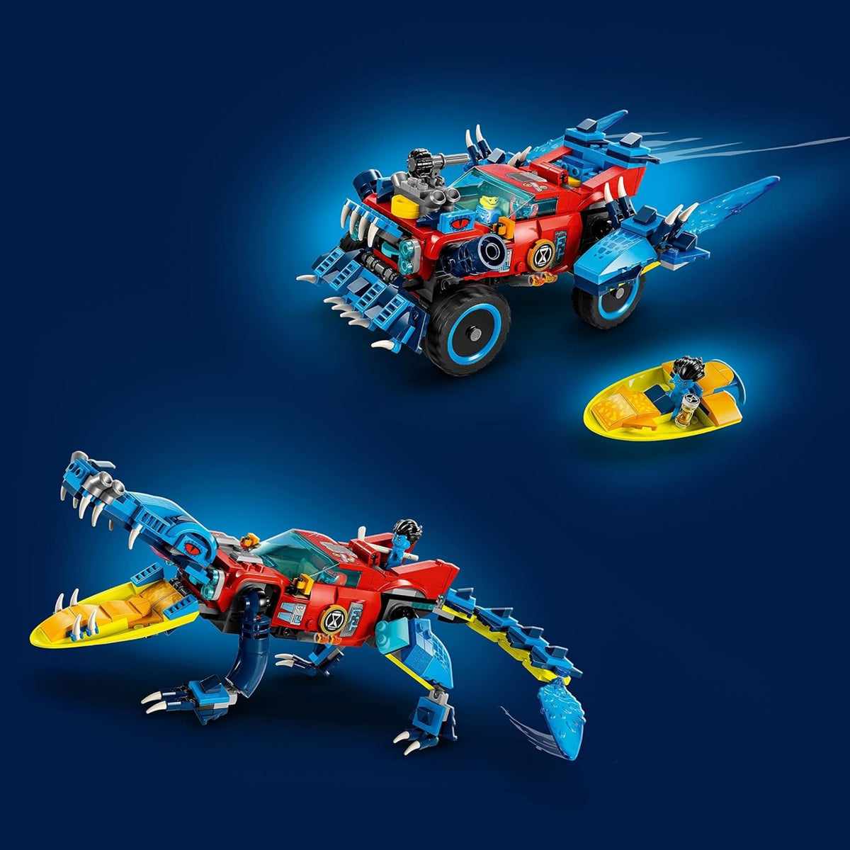 LEGO DREAMZzz Crocodile Car 71458 Building Toy Set, Rebuilds from Car to Off-Roader Truck Toy and Mini-Boat, Features Cooper, Jayden, and The Night Hunter Minifigures, Birthday Gift for 8